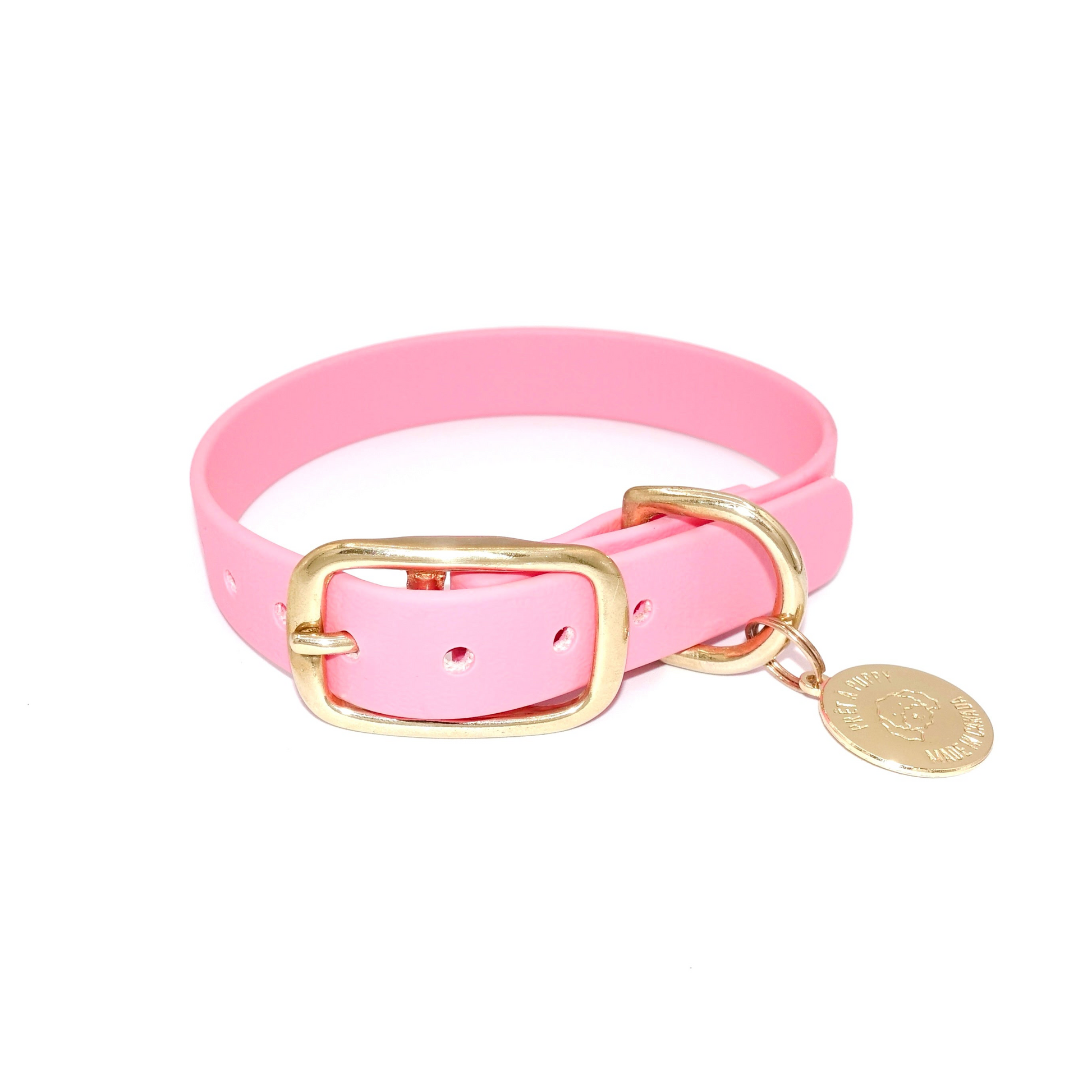 Light Pink Biothane waterproof dog collar with gold brass hardware, durable and stylish 