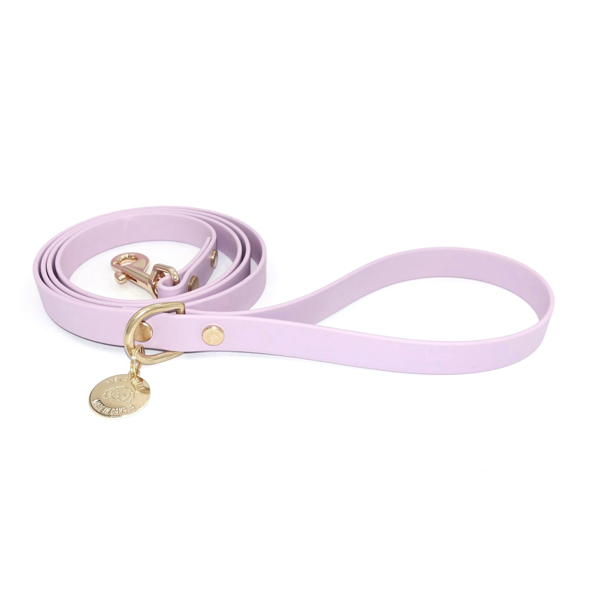 Lavender dog leash with gold hardware on a white background