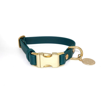 wateproof Biothane quick-release dog collar with gold hardware , adjustable, durable, and stylish for everyday wear, forest green