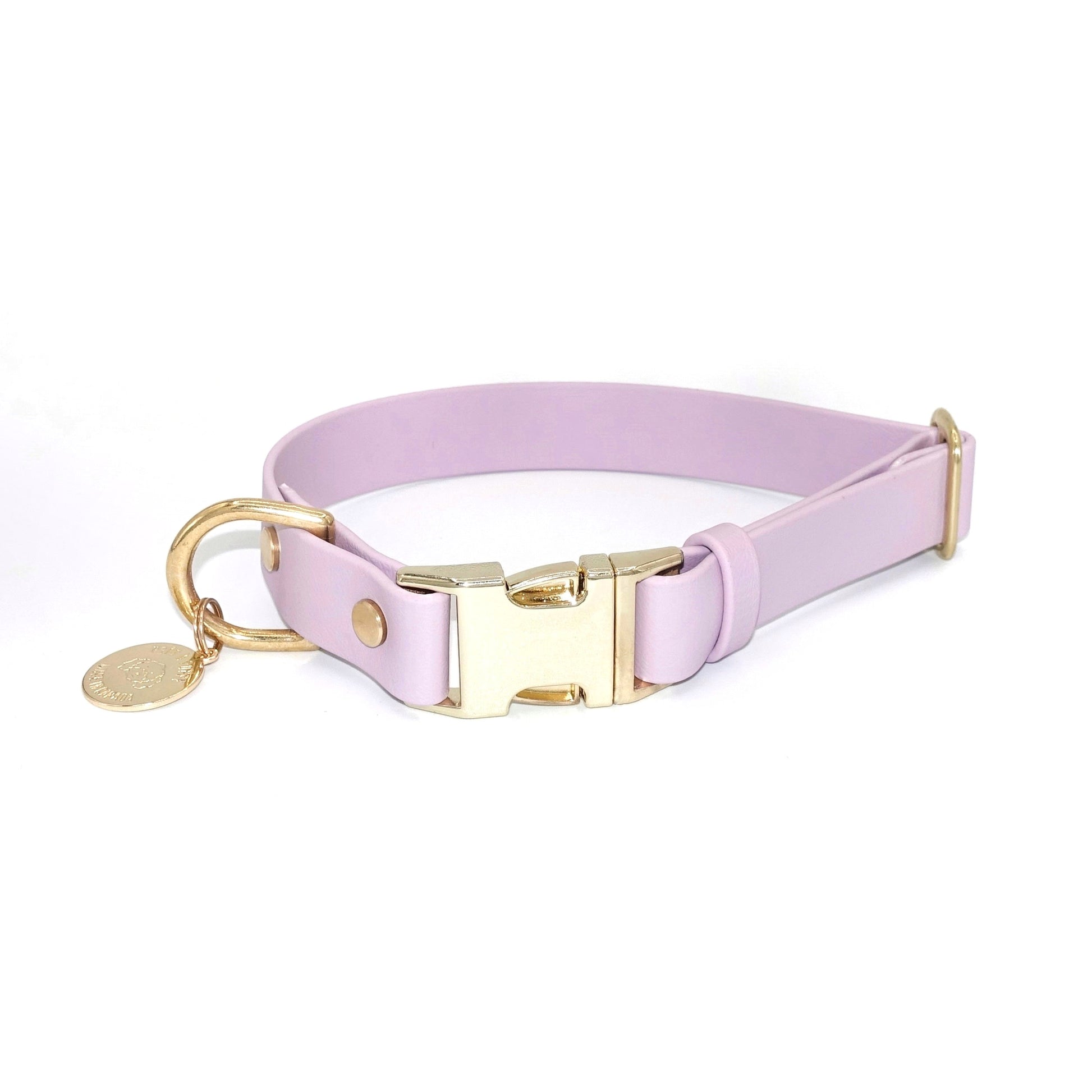 wateproof Biothane quick-release dog collar with gold hardware , adjustable, durable, and stylish for everyday wear, lilac