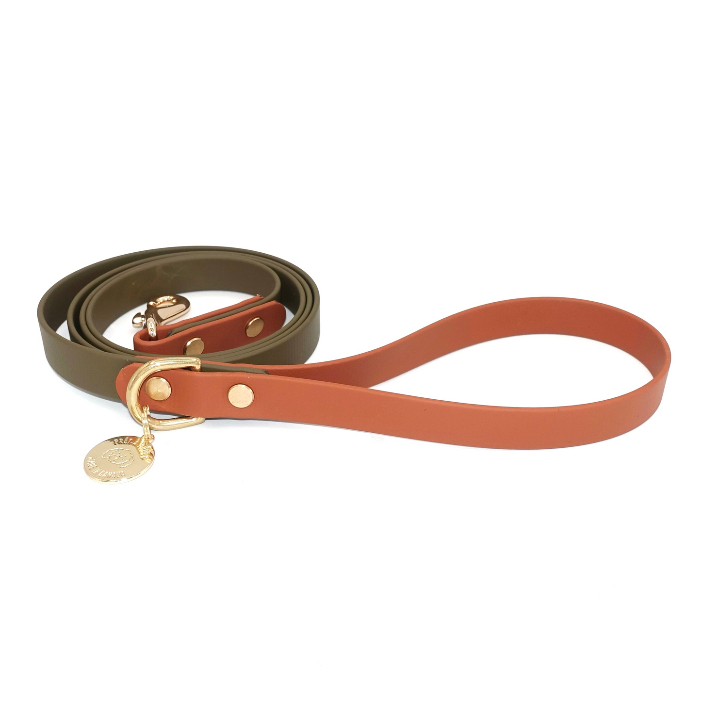 Design your Own Biothane dog leash with gold hardware, waterproof and durable, stylish for daily dog walks, Tan and Olive