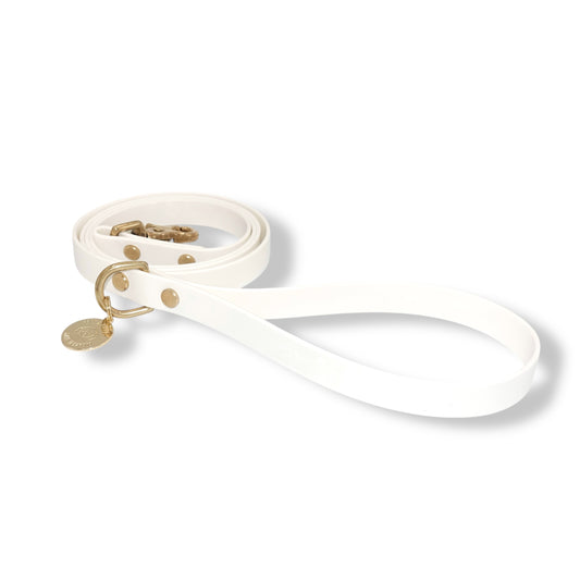 White Biothane dog leash with gold hardware, waterproof and durable, soft and stylish for everyday walks